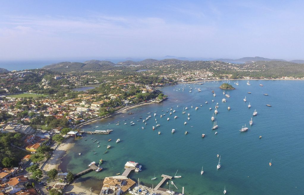 Aerial view of Búzios bay with boats and turquoise water